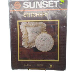 Vintage NIP Craft Kit, Sunset Stitchery 1983, Folk Art Wedding Ring 12in, Needle